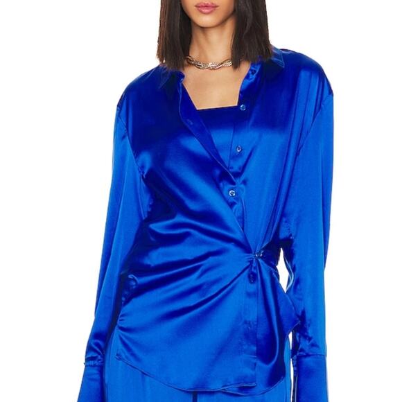 NEW SER.O.YA by Retrofete Karry Silk Button Down Long Sleeve Shirt Royal Blue - Picture 1 of 13